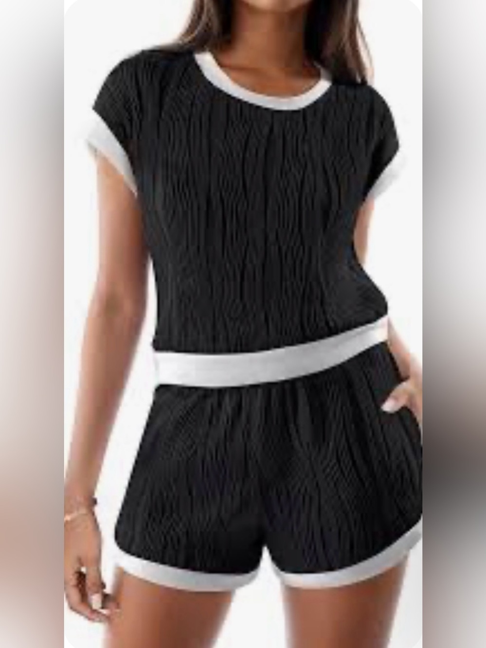 Textured Black Knit Top with White Crew Neck Trim